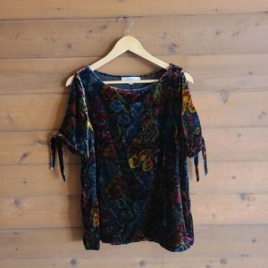 Loft Velvet Dark Floral Cold Shoulder Tie Sleeve Blouse Large Boho Garden